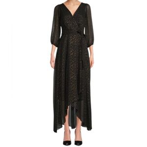DKNY Abstract Print Surplice Maxi Dress Black Gold Metallic Size 4 New